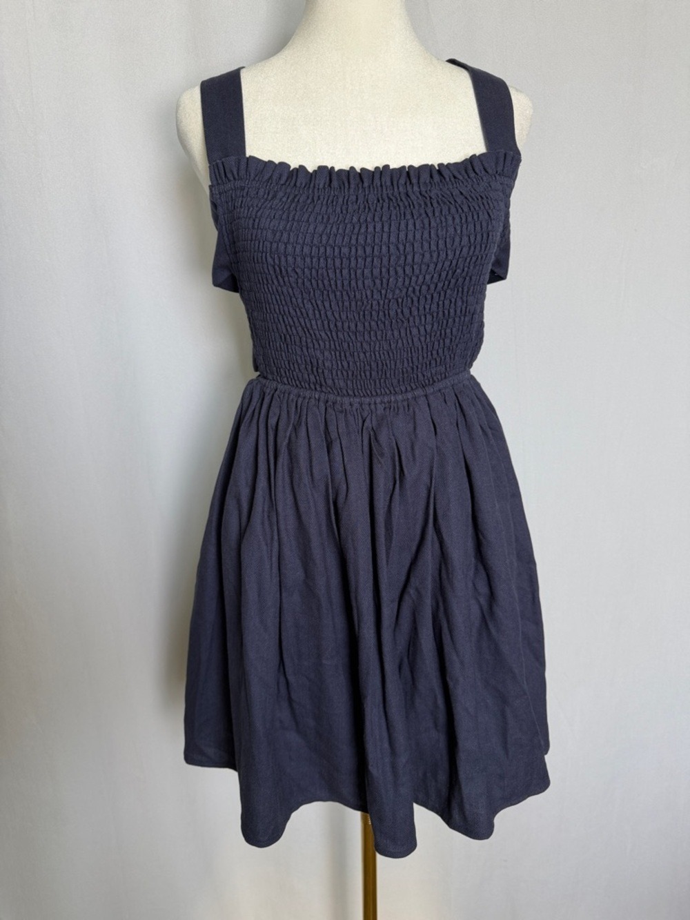 NWT Miou Muse Smocked Navy Linen Blend Tank Mini Dress Size S Open Back Pockets
